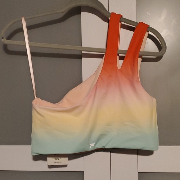 Fabletics Asymmetrical Double Strap Midi Bra in Cream and Peach - Picture 3 of 3